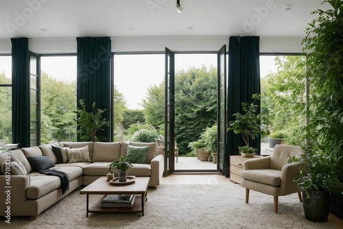 A large living room interior design, contemporary style with large windows in an eco-friendly environment. 