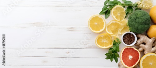 Immune-boosting food items like broccoli, citrus fruits, honey, ginger, lemon, garlic, goji, and turmeric on a white wooden background. photo