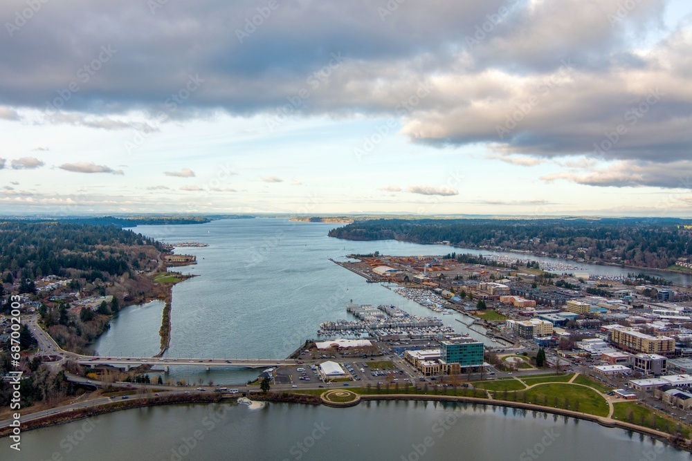Aerial view of the Olympia, Washington waterfront