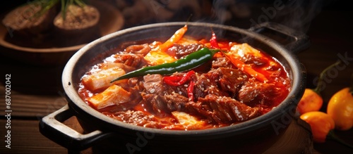 Korean food - a fiery, meaty stew.