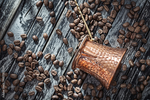 Turkish Coffee Pot On Vintage Wood.