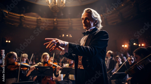 A maestro leads a symphonic ensemble of musicians