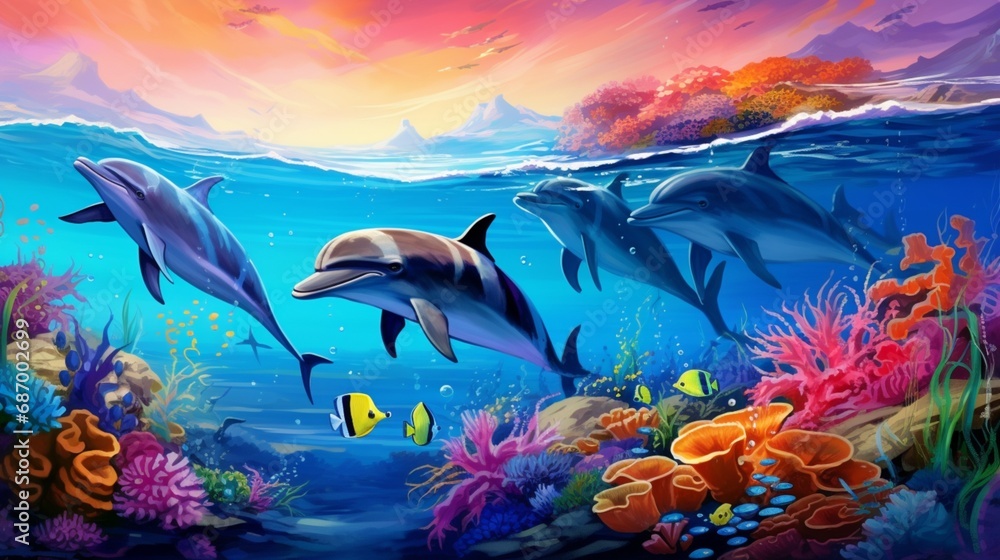 a pod of dolphins playfully dives in sync with a group of colorful reef fish amidst a thriving underwater ecosystem. - obrazy, fototapety, plakaty 