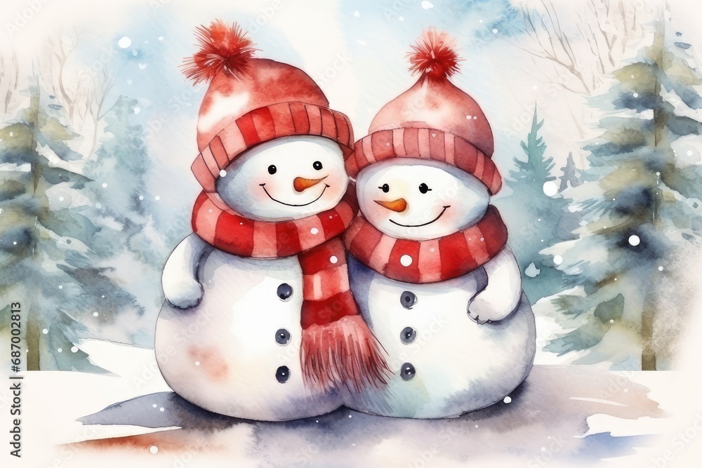 Watercolor illustration Christmas banner two snowmen in hats in the forest Watercolor illustration Christmas banner two snowmen in hats in the forest