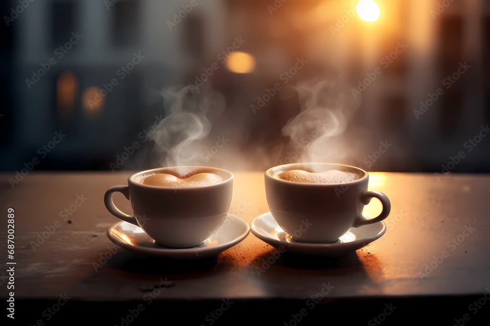 Cappuccino Duo: Two Cups Emitting Steaming Bliss, A Perfectly Paired Beverage Affair