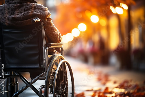 A disabled person in a wheelchair on a fall city street