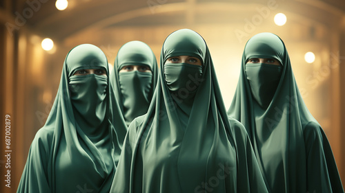 Saudi Islamic women in green burqas photo