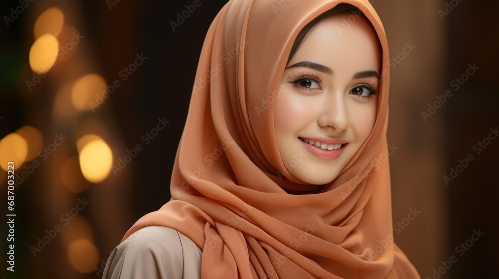 Portrait of young muslim woman wearing hijab head scarf in city while looking at camera. Closeup face of cheerful woman covered with headscarf smiling outdoor. Casual islamic girl at park. Portrait of young muslim woman wearing hijab head scarf in city while looking at camera. Closeup face of cheerful woman covered with headscarf smiling outdoor. Casual islamic girl at park.