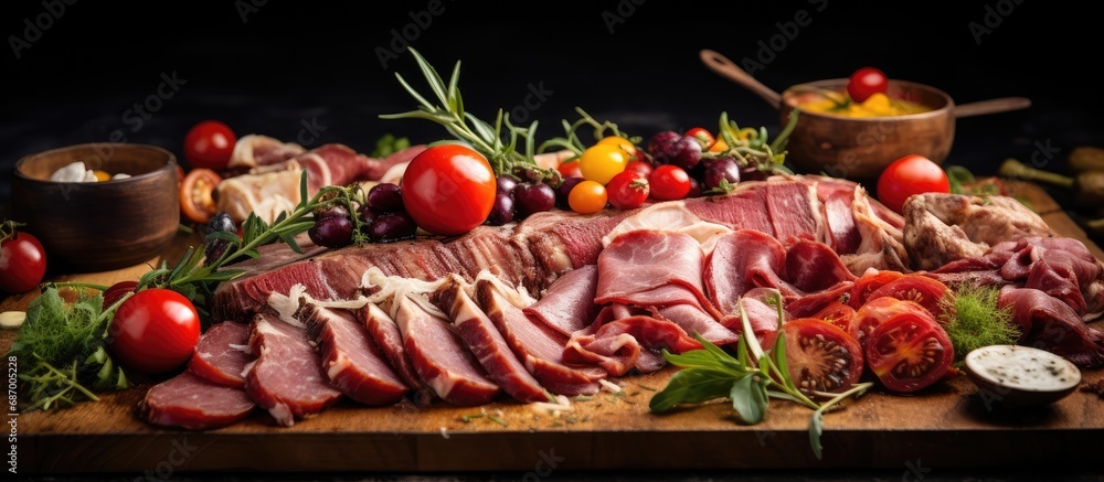 Meat platter with variety of sliced meats, tomatoes, salad, and vegetables - Cutting cured meat on festive table.