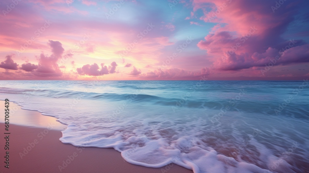 A serene beach at twilight, where the soft pink and cool blue colors meet on the horizon, creating a tranquil and dreamy seascape. - obrazy, fototapety, plakaty 