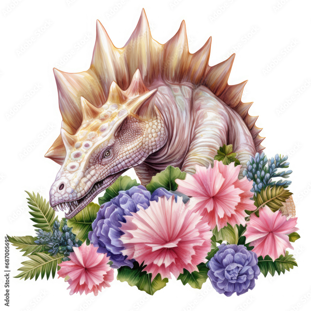 Obraz premium Stegosaurus and flower Illustration, Generative Ai