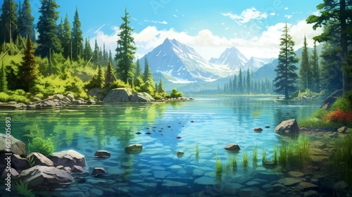 a serene mountain lake surrounded by lush forests, with a solitary trout leaping gracefully out of the water under the warm afternoon sun.
