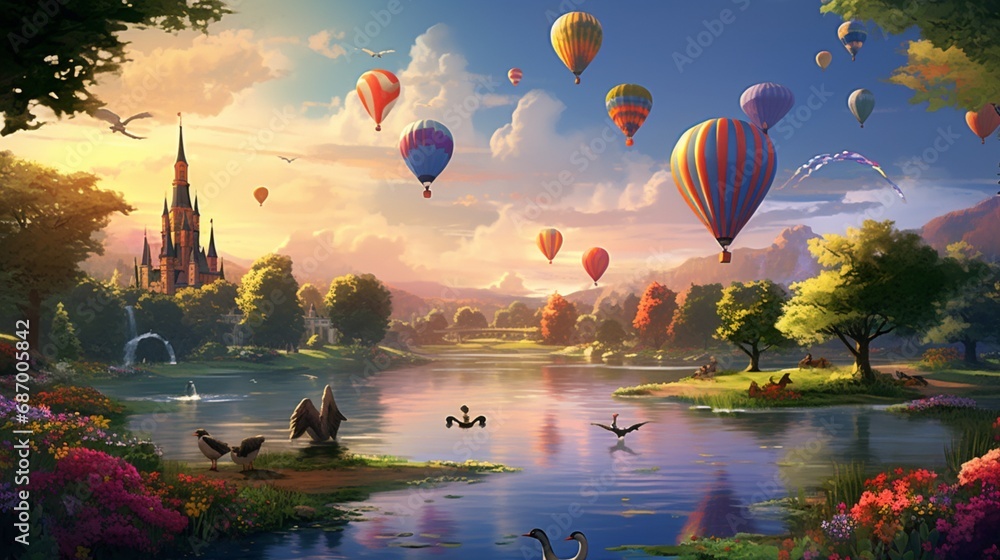 a serene park where a hot air balloon festival is in full swing, with a family of ducks wading in the nearby pond and a heron taking flight. - obrazy, fototapety, plakaty 