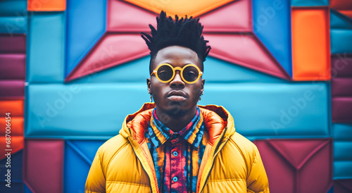 Young african amercian fashion model in front of a colourful wall, wearing yellow sunglasses and clothing matching background. photo