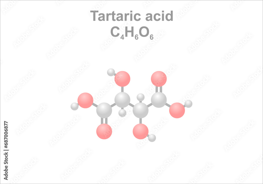 Simplified scheme of the tartaric acid molecule. Use as leavening agent.