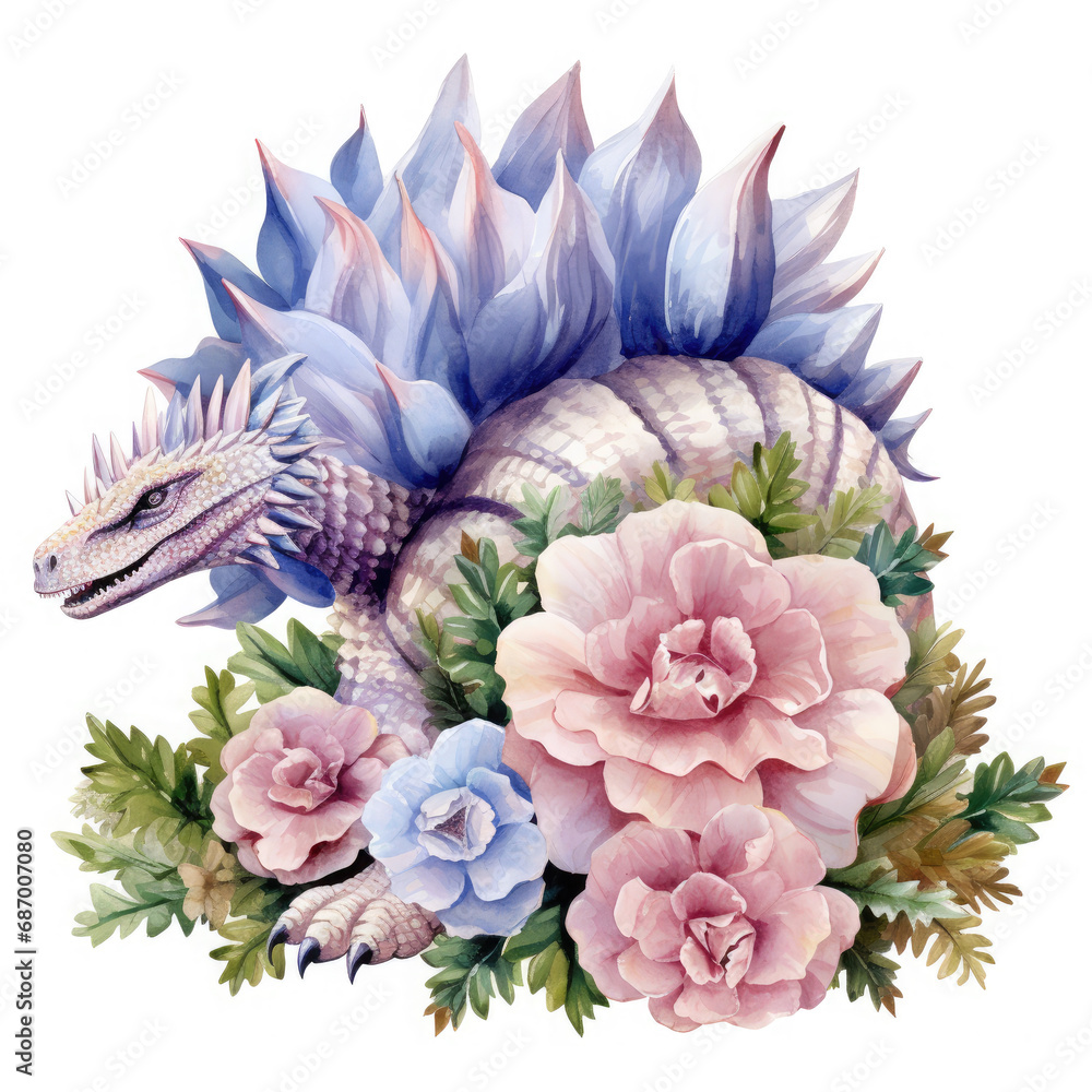 Stegosaurus and flower Illustration, Generative Ai Stegosaurus and flower Illustration, Generative Ai