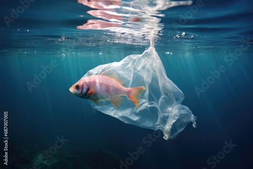 Fish in a piece of cellophane bag swims in the ocean.