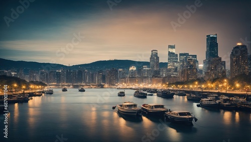 "Urban Serenity: Night Skyline and Waterfront Tranquility"