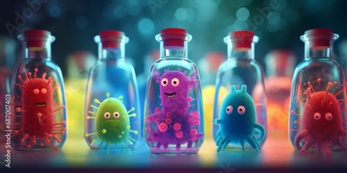 Different viruses and bacteria trapped in glass bottles. photo