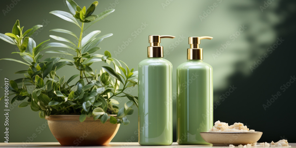 Two green cosmetic bottle container on wooden table, Blank label for skincare branding mock-up. Two green cosmetic bottle container on wooden table, Blank label for skincare branding mock-up.