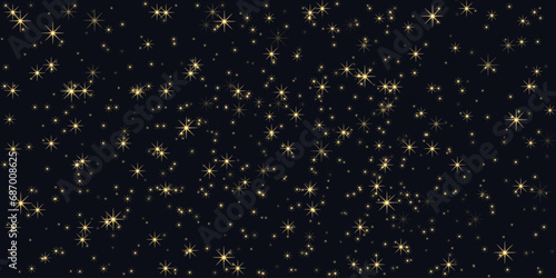 Celebration Sparkly background with 3d star on dark backdrop. Starry sky design. Glitzy Christmas vector illustration can used web pages, banner, poster. Bright pattern.