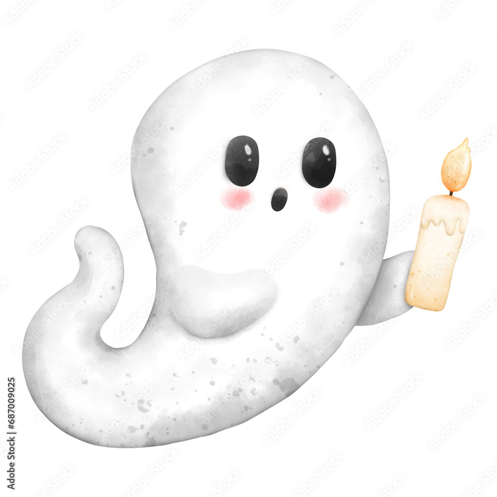 Cute Ghost Cartoon with Candle Halloween Watercolor Illustration Clipart
