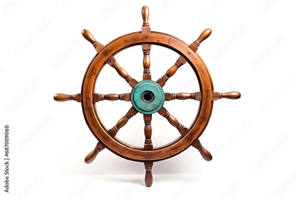 a wooden steering wheel with a blue center