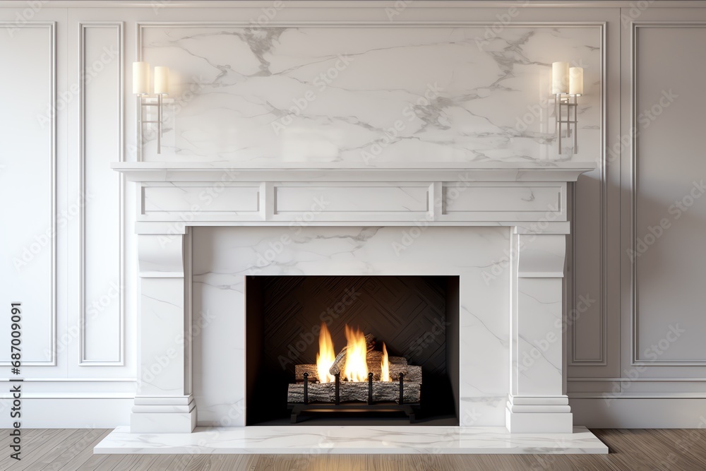 a fireplace with a white mantle and candles - obrazy, fototapety, plakaty 
