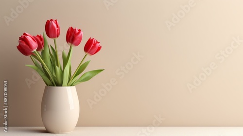 a vase with red tulips