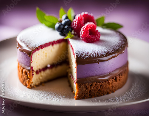 A cheesecake with blueberries and raspberries and middel filled with purple moose, chocolate layers vegan desserts photo