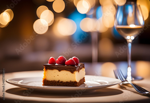 A slice of delicious cheesecake with raspberries filled with Chocolate topped on a plate and a vintage spoon and wine glass photo