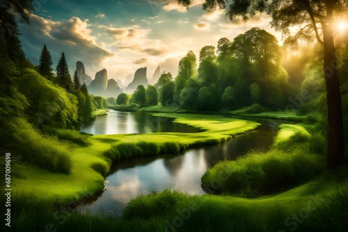 A winding riverbank bordered by vibrant green grass, with a backdrop of towering trees reaching for the heavens