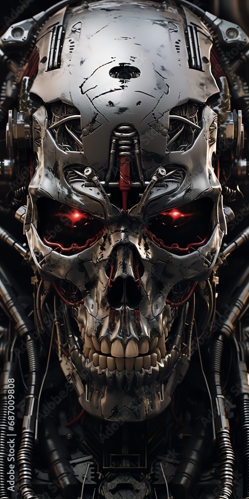 a skull with red eyes and a mechanical device - obrazy, fototapety, plakaty 