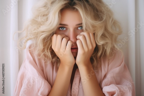 Closeup of a blonde woman with her hands over her face in light pink sweater, feeling frightened, sad.
