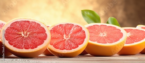 Sliced juicy pink citrus fruit, ready to eat.