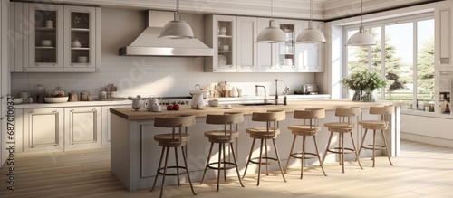 Modern kitchen interior in luxury home. Cream design and wooden floor. Luxury style kitchen set photo