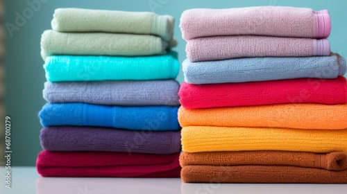 A stack of colorful, freshly folded towels, neatly arranged to showcase their vibrant hues.