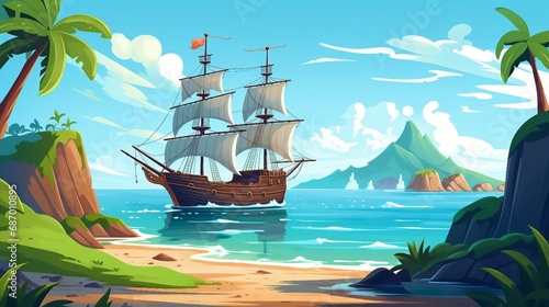 Pirate ship sailing near the island with palm trees illustration AI Generated