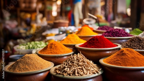 A stunning array of spices in a bustling, vibrant market, each vibrant hue capturing the essence of local culture and cuisine.