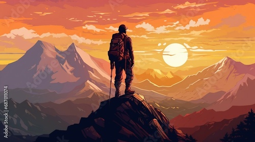 Hiker standing on top of mountain at sunset illustration AI Generated