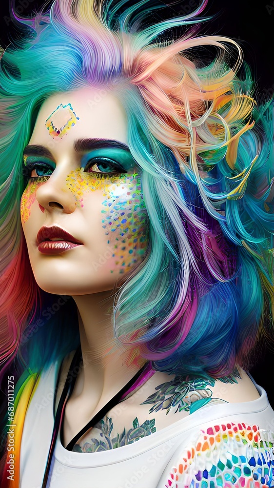 Woman with wild hairstyle, colorful 