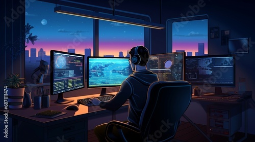 Male programmer working on computer at night illustration AI Generated