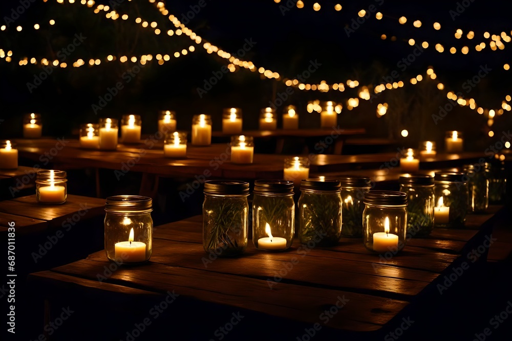 An outdoor picnic table illuminated by candles in mason jars, creating a magical ambiance. An outdoor picnic table illuminated by candles in mason jars, creating a magical ambiance.
