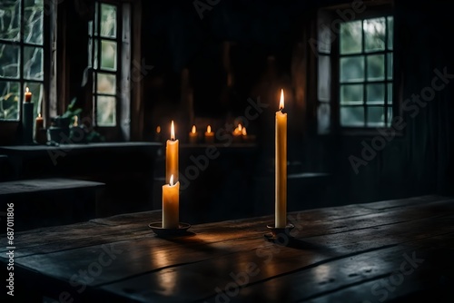  A moody and atmospheric shot of a candle flickering on a table in an old  abandoned house.