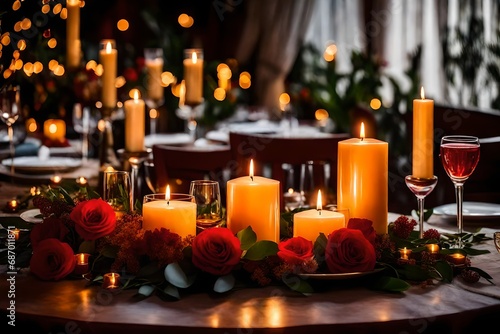 A candle-lit dinner table set for two with delicate floral arrangements and soft lighting.