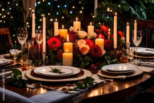 A candle-lit dining table for two, complete with delicate floral arrangements and soothing lighting.