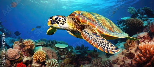 Indonesian Hawksbill Turtle on Coral Reef. © AkuAku