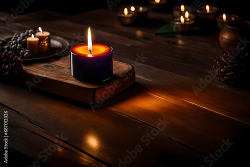 A solitary lit candle casts a pleasant, flickering illumination on a rustic-styled wooden table.