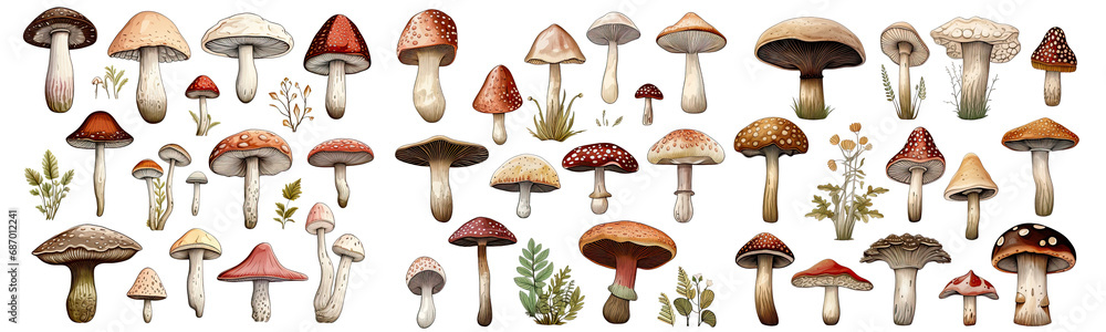 Set of watercolor mushroom illustration , elegant watercolor , isolated transparent background, PNG