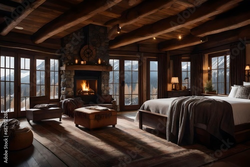  A cozy cabin-inspired bedroom with a stone fireplace, wooden beams, and plaid blankets. It's the epitome of rustic luxury.